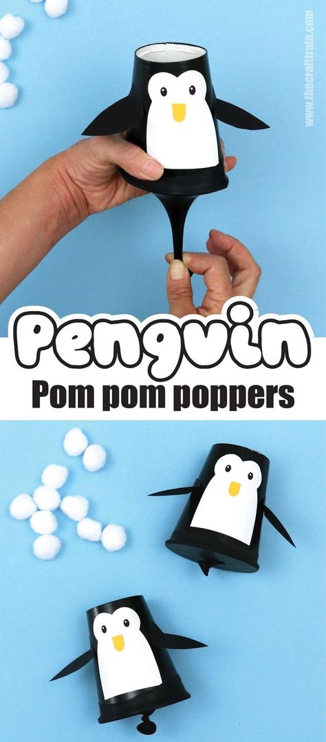 pom pom shooter made to look like a penguin Classroom Crafts For Kids Christmas, Winter Camp Ideas For Kids, Arts And Crafts For Kids January, Prek Animal Crafts, Macaroni Penguin Craft, December Enrichment Activities, Kids Penguin Crafts, Kids Winter Crafts Preschool, Winter Ornament Crafts For Kids