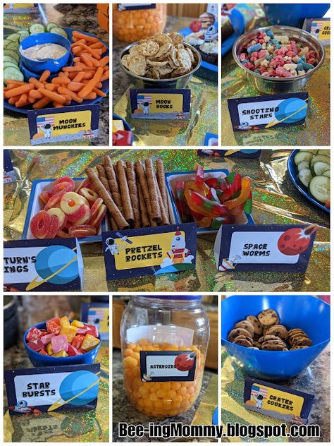 Galaxy Themed Food Ideas, Vbs Space Snacks, Space Food Labels, Space Party Food Ideas Solar System, Rocket Party Food, Space Themed Food Names, Lightyear Themed Food, Rocket Themed Food, Outer Space 3rd Birthday Party