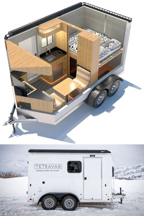 Tetravan turned a box trailer into a luxurious mobile home Micro Trailer Campers, Homemade Trailer Camper, Travel Trailer Design, Tiny Trailers Interior, Box Trailer Camper Conversion, Trailer Conversion To Camper, Cute Trailer Homes, Enclosed Trailer Conversion, Trailer Design Ideas