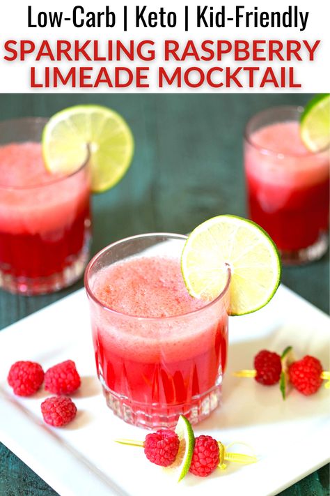 Make any day special with this low carb sparkling raspberry limeade mocktail. It’s a low calorie sweet fruity drink to help you make every moment sparkle. Low Carb Mocktail Recipe, Raspberry Mocktail Recipe, Low Calorie Mocktail Recipe, Mocktail Raspberry, Refreshers Recipes, Sparkling Water Mocktail, Summer Slushies, Raspberry Limeade, Nonalcoholic Drinks