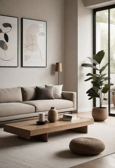 Neutral Living Room With Black Accents, Beige Sofa Living Room, Neutral Living Room Ideas, Japandi Living Room, Japandi Interiors, Minimal Living Room, Japandi Living, Japandi Interior, Living Room Sofa Design