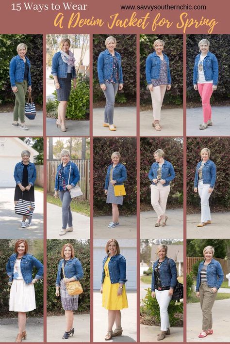 Over 40 fashion blogger Savvy Southern Chic shares 15 ways to wear a denim jacket for spring with pants, skirts, jeans and joggers. Ways To Wear A Denim Jacket, Jeans Jacket Outfit, Denim Jacket Outfit Women, Blue Jean Jacket Outfits, Spring Jacket Outfit, How To Wear Denim Jacket, Grey Jeans Outfit, Country Closet, Jean Jacket Styles