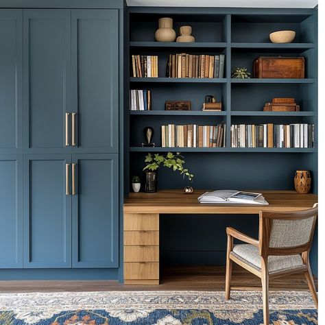 Monday blues? This built-in desk says bring it on! 💼💙 Because if you're going to work, why not do it in style? #MondayMotivation #BlueDeskVibes #WorkSmart #MainLineHomes #MainLineLiving #PhillyInteriors #LuxuryDesign #HomeOfficeGoals #UnionHomeDesign #InteriorArchitecture #MainLineDesign Modern Ikea Office, Built In Desk Library, Navy Blue Built In Desk, Built In Secretary Desk, Desk In Between Bookshelves, Small Home Office Built Ins With Desk, Blue Home Office Design, Navy Built Ins, Office Built Ins Bookshelves