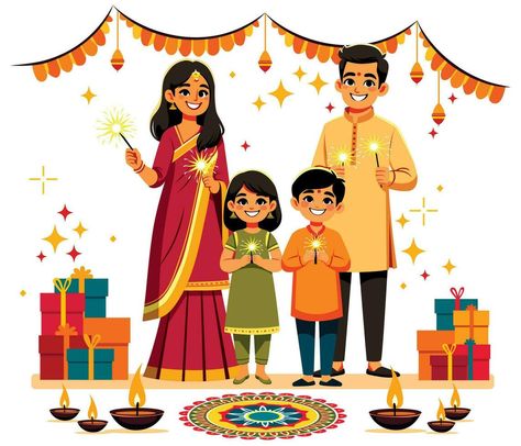 Indian Family Celebrating Diwali Indian Family Illustration Art, Diwali Celebration Illustration, Indian Family Illustration, Diwali Illustration Art, Diwali Celebration Drawing, Family Celebrating Diwali, Diwali Cartoon, Diwali Wishes In Marathi, Diwali Posters