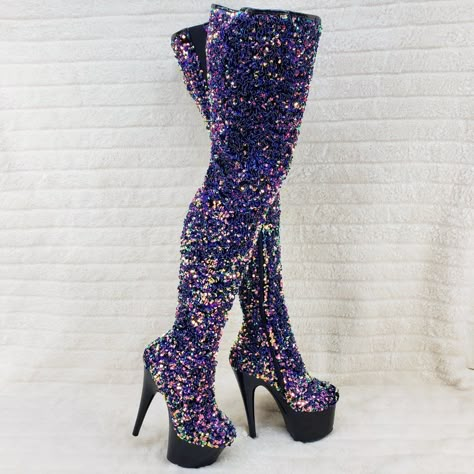 7" (178mm) Heel, 2 3/4" (70mm) Platform Stretch Sequin Thigh High Boot Featuring Multi Sequined Body, Inner Side Zip Closure With Top Elastic Gusset For More Room If Needed 31" Tall Including Heel New In Box Authentic Pleaser Brand Item Mickey Bedroom, Purple Shoes Outfit, Sequin Thigh High Boots, Crazy High Heels, Hm Fashion, Thigh High Black Boots, Funky Heels, Tall Lace Up Boots, Crocs Fashion