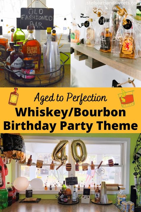 Bourbon Beer And Bbq Party, Bbq And Bourbon Party Ideas, Whiskey Party Table Decorations, 40th Birthday Ideas For Men Bourbon, Bourbon And Brews Party, Whiskey Tasting Party Ideas Food, Beer Table Party Ideas, Bourbon Birthday Party Decorations, Ages To Perfection Birthday