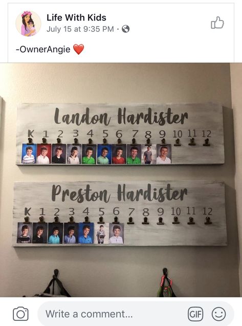 Great idea for organizing grade school photos and displaying them. Cute First House Ideas, School Years Picture Display, New Home Storage Ideas, Yearly School Picture Display Ideas, Yearly School Photo Display, School Picture Photo Wall, Creative Picture Display, Diy Wood Plank Projects, Small Diy Home Projects