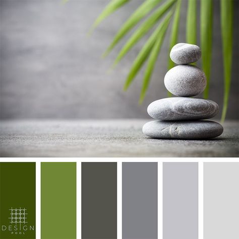 Feb 15, 2020 - Color Palettes from Design Pool - Color and Design Specialists - Green, Gray, Slate, Stones.      Sign up for our trend letter and view all of our great designs for residential and commercial interiors on www.designpoolpatterns.com Emotional Response, Pool Colors, Green Palette, Grey Color Palette, Green Colour Palette, Color Harmony, Green Rooms, Colour Schemes, Color Pallets