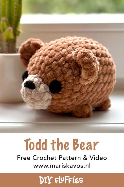 Easy Teddy Bear Crochet Pattern Free, Crochet Fluffies Free Pattern, Brown Bear Crochet Pattern, Super Easy Crochet Animals, Diy Fluffies Crochet, Free Mini Animal Crochet Patterns, Teddy Bear Crochet Pattern Free Easy, Crochet Teddy Bear Pattern Free No Sew, No Sew Teddy Bear Crochet Pattern