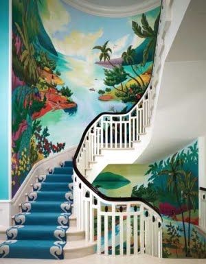 Tropical Wall Murals | Palm Tree Decor: A Tropical Wall Mural Island Beach House, Palm Tree Decorations, Florida Beach House, Florida Design, House Of Turquoise, Captiva Island, Stair Case, Coastal Chic, Stairway To Heaven