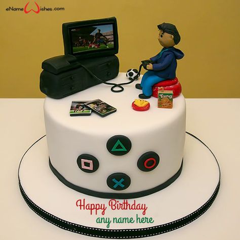 write name on pictures with eNameWishes by stylizing their names and captions by generating text on Gaming Birthday Cake with Name with ease. Game Cakes For Boys, Pastel Play Station, Playstation Cake Ideas, 14th Birthday Cakes Boy, Cake For Gamers, Gaming Cakes For Boys, Gamer Cake Ideas Boys, Video Games Cake, Bday Cakes For Men