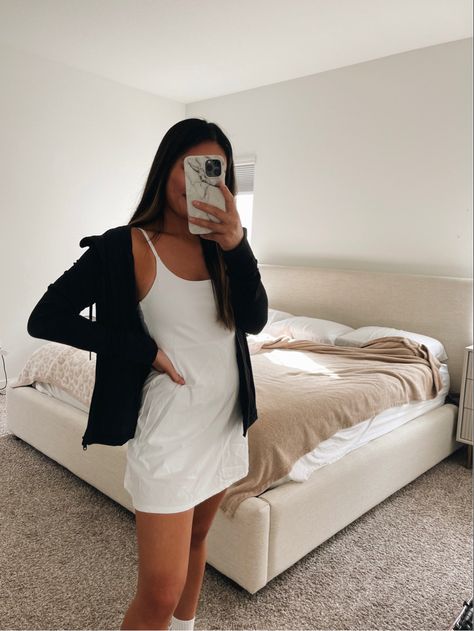 Comfy Athleisure Outfit: Traveler Mini Dress & Jacket | ByMollyLove Abercrombie Traveler Mini Dress, Abercrombie Traveler Dress Outfit, Abercrombie Traveler Mini Dress Outfit, Sporty Dress Outfit, Workout Dresses, Traveler Mini Dress, Switzerland Style, Wearing Jacket, Lululemon Dress