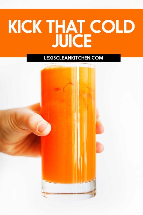 A glass of orange juice made from oranges, lemon, carrots and ginger. Juice Recipes For Sickness, Juices For A Cold, Cough Juice Recipe, Vitamin C Boost Juice, Juice Recipes For Colds, Juicing When Sick, Juice For A Cold, Juicing Recipes For Cough, Juicing For A Cold