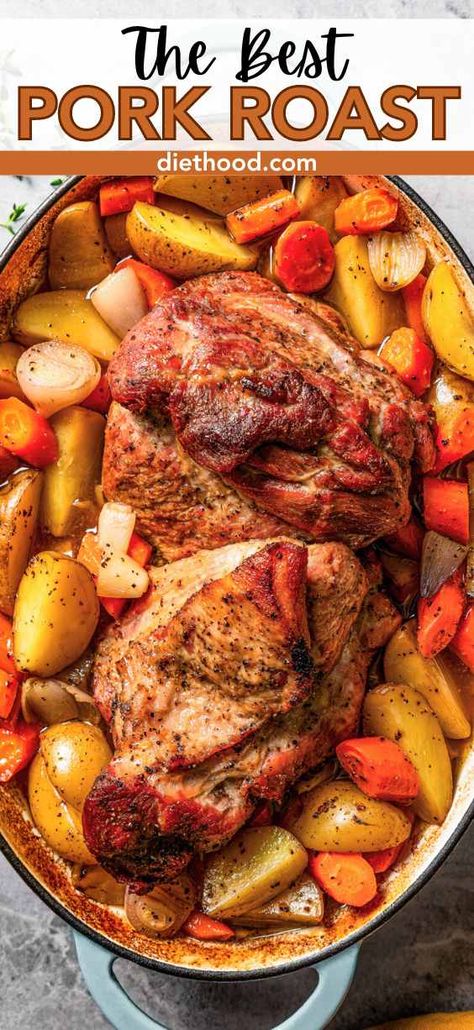 This pork roast recipe is an all-in-one meal! Juicy pork shoulder is seasoned with fresh citrus and herbs, then slow-roasted with carrots, potatoes, and onions all in the same pan. It turns out so tender and flavorful! Pork Roast In Oven With Vegetables, Pork Rolled Roast Recipes, Pork Round Roast Recipes, Oven Baked Pork Roast With Vegetables, Autumn Pork Roast, Bone In Center Cut Pork Roast, Pork Roast And Sweet Potatoes, Boneless Sirloin Pork Roast, Pork Prime Roast Boneless