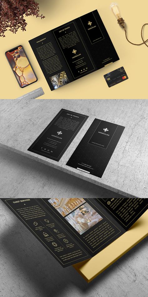 6 Fold Brochure Design, High End Brochure Design, Restaurant Leaflet, Hotel Flyer Design, Black Brochure, Black Branding, Resort Restaurant, Branding Brochure, What Is Fashion Designing