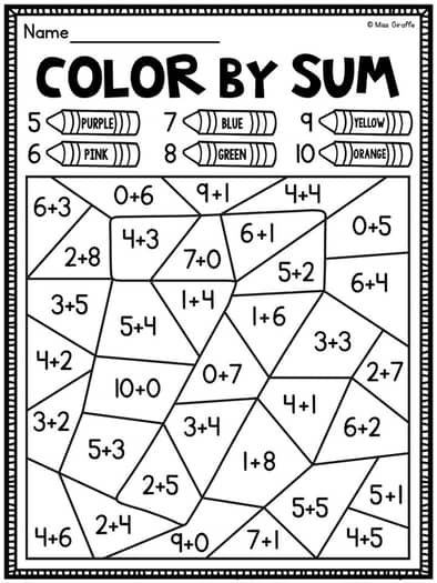 Color by Addition Worksheets to Color by Number Sums to 10 by Miss Giraffe First Grade Color By Number, Addition Facts To 10 Worksheets, Free 3rd Grade Math Worksheets, Kids Color By Number, Color By Number Printable Free, Kid Worksheets, Color By Addition, Fluency Worksheets, Addition Coloring Worksheet