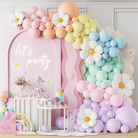 PRICES MAY VARY. [ Daisy Balloon Arch Kit]The pastel daisy balloon arch kit is perfect for Mothers Day ,Spring party,Easter party,Boho birthday ,Two Groovy birthday ,Groovy birthday themed party decorations. Whether you're hosting a large party or a small gathering, this value pack has got you covered- no need to break the bank on individual decorations! 【Premium Value Pack】The daisy pastel balloon arch kit include 157pcs balloons,5pcs daisy balloon in 2 sizes and 152pcs macaroon pastel latex ba Floral Balloon Arch Birthday, Easter Themed Birthday Party Decorations, Girly Party Themes, Pastel Decorations Party, Pastel Themed Birthday Party, Pastel Themed Birthday Party Decorations, Daisy Themed Birthday Party, Daisy Balloon Garland, Pastel Balloon Garland