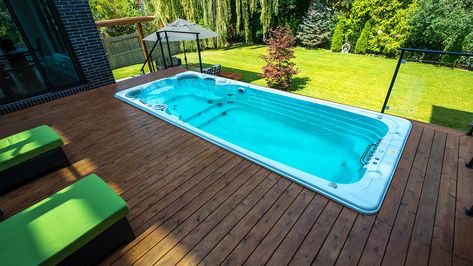 With the rise in popularity of swim spas over the last few years, many families looking to buy a pool for the first time are faced with a decision; should they buy a more traditional in-ground/ above ground pool, or should they get a swim spa? The answer depends on the situation. Both traditional pools … Swim Spa Deck, Swim Spa Landscaping, Resistance Exercises, Spa Landscaping, Kleiner Pool Design, Hot Tub Swim Spa, Oberirdische Pools, Swim Spas, Endless Pool