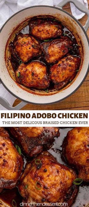 Adobo Chicken is a classic Filipino recipe cooked in soy sauce, garlic, vinegar and peppercorns that makes the most delicious braised chicken ever. #adobochicken #chicken #braisedchicken #filipinorecipes #filipinofood #dinner #dinnerthendessert Dinner Meats Ideas, Chef Quality Recipes, Yoshida Chicken Recipes, Award Winning Chicken Recipes, Cheba Hut Recipes, Awesome Dinner Recipes, Summer Meal Ideas Chicken, Jamacian Food Recipes Easy, Sunday Recipes Dinner