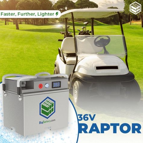 BigBattery|2* 36V RAPTOR - LiFePO4 128Ah 4.8kWh-Golf Cart Battery Kit BigBattery’s new 36V 7.2 kWh RAPTOR Kit is our latest and greatest plug-and-play golf cart kit and serves as a compact and high-powered upgrade for any 36V cart! In fact, the RPTR is our most energy dense LFP golf cart battery to date with 2.4 kWh of capacity per battery. Utilizing Grade A LFP cells, paired with our proprietary advanced BMS and 300A Safety Fuse, the RPTR is one of the safest and most energy efficient golf cart Lead Acid Battery Charger, Cart Battery, Golf Cart Batteries, Pallet Jack, Portable Solar Panels, Big Battery, Nissan Leaf, Lead Acid Battery, Play Hard