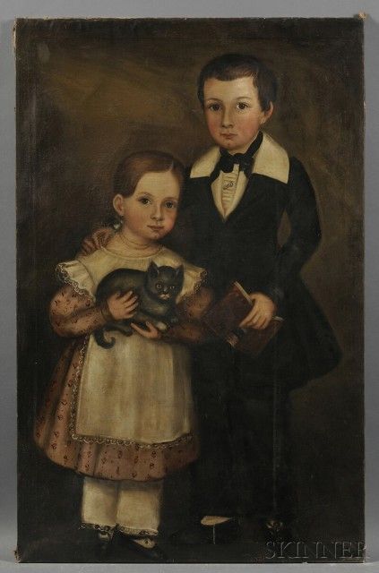 American School, Early 19th Century Folk Portrait of a Boy Holding a Book, and His Sister, Holding a Cat, c. 1840. | Sale Number 2585B, Lot Number 32 | Skinner Auctioneers Holding A Cat, Primitive Pictures, Holding A Book, 19th Century Portraits, Primitive Painting, Colonial Art, People Reading, American Primitive, Arte Folk