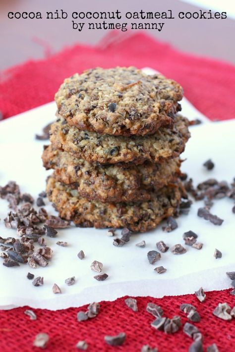 Cocoa Nib Coconut Oatmeal Cookies Coco Nibs Recipes, Cacao Powder Recipe, Cacao Nibs Recipes, Coconut Oatmeal Cookies, Chocolate Apple, Oatmeal Coconut Cookies, Cacao Recipes, Coconut Oatmeal, Cocoa Cookies