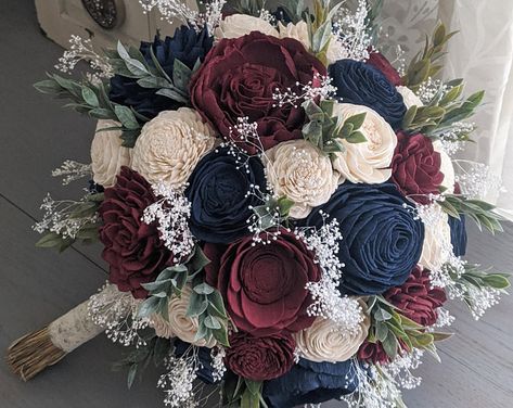 Navy Bouquet, Navy And Burgundy Wedding, Burgundy Wedding Flowers, Ivory Bouquet, Wood Flower Bouquet, Burgundy Bouquet, Wedding Flower Packages, Maroon Wedding, Wedding Theme Colors