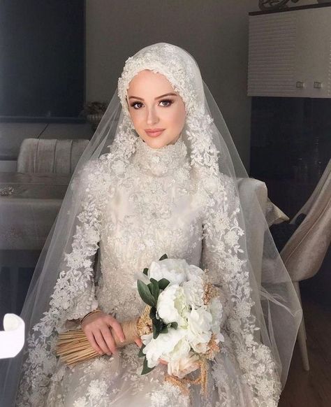 Hijabi Wedding Dress, Muslim Wedding Dress Hijab Bride, Wedding Dresses Hijab Bride, Hijabi Wedding, Bridal Hijab Styles, Wedding Hijab Styles, Muslim Wedding Gown, Baju Kahwin, Muslim Bridal