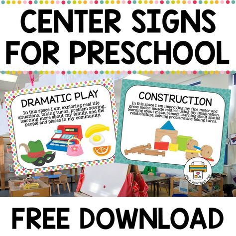 Free Center Signs for Preschool - Pre-K Printable Fun Preschool Center Labels, Classroom Center Signs, Preschool Center Signs, Creative Curriculum Preschool, Learning Centers Preschool, Early Childhood Special Education, Prek Classroom, Early Childhood Learning, Preschool Centers