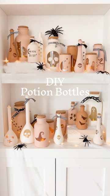 Stephanie Hanna • DIY • Holidays • Home Decor on Instagram: "DIY Halloween Potion Bottle Display #sponsored I love decorating with potion bottles for Halloween. These were so fun to make with the different bottle shapes and sizes. I customized them to match my existing decor. I found everything at @michaelsstores to bring my vision to life. The glow at night is so magical. #makeitwithmichaels" Witch Bottles Diy Halloween Potions, Potion Bottle Diy Halloween, Diy Product Display, Halloween Bottle Crafts, Diy Witch Potion Bottles, Halloween Potions Display, Diy Witch Decor Halloween, Halloween Vases Diy, Diy Halloween Bottle Decor