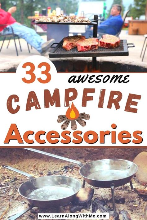 Article dedicated to campfire accessories including some great campfire cooking accessories like the Gravity Grill and some Spider frypans. (They're frying pans that stand up on legs to keep them above the coals of the campfire.) Campfire Hotdogs, Pop Up Camper Accessories, Camping Accessories Gadgets, Campfire Accessories, Outdoor Camping Party, Camping Gear Gadgets, Travel Trailer Organization, Camping Essentials List, Travel Trailer Living