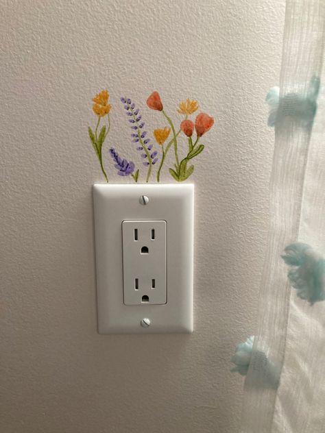 Painting Idea On Wall, Aesthetic Switchboard Painting, Mini Wall Paintings, Cute Wall Mural Ideas, Tiny Wall Painting Ideas, Flower Wall Drawing Bedrooms, Shelve Painting Ideas, Painting Ideas Easy Simple On Wall, Mini Wall Painting Ideas