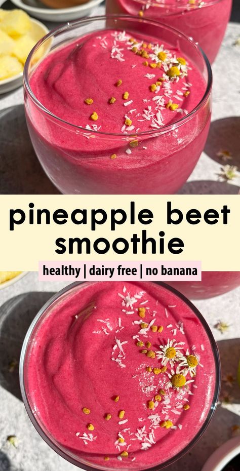 This healthy pineapple beet smoothie is made with cooked beets, frozen pineapple, cauliflower and lightly sweetened with honey. It has a beautiful pink color and delicious pineapple flavor. Paleo friendly, gluten free and dairy free. Pineapple Berry Smoothie, Cauliflower Smoothie Recipes, Pineapple Cauliflower, Nutritional Smoothie Recipes, Smoothie No Banana, Beets Smoothie Recipes, Cooked Beets, Raw Eating, Pineapple Juice Recipes