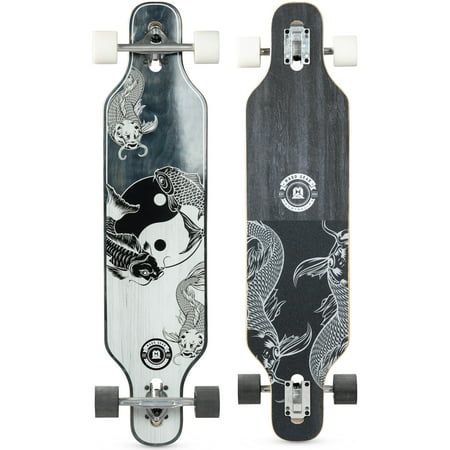 The Madd Gear Drop Through Longboard is the biggest of our skateboard collection coming in at 38 long and 9 wide. Perfect for cruising to class, to school, to the skatepark, to around your neighborhood. The Drop Thru Longboard is complete with sick graphics which coordinate with the top of the deck, so everyone can see! 70 mm wheels, ABEC-7 Bearings and 7 HD Raw Aluminum trucks, this is our smoothest cruising board yet! Size: One Size.  Color: Black. Long Board Designs Paint, Long Board Designs, Cool Skateboards Designs, Skateboard Collection, Drop Through Longboard, Skateboard Gear, Skateboard Designs, Skate Fits, Cruiser Boards