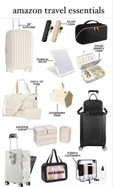 travel essentials, suitcases, organization, vacation essentials, travel bags, organizers for traveling, vacation needs, hewlery box, sunglass holder, bottles for traveling, camping essentials, amazon finds, amazon travel finds, durable bags for traveling Beige Travel Accessories, Best Travel Items For Women, Best Travel Suitcase For Women, Travel Duffle Bag Aesthetic, Vacation Bags For Women, What To Pack In Suitcase, Travel Belt Bag, Bags For Airport, Travel Essentials Aesthetic