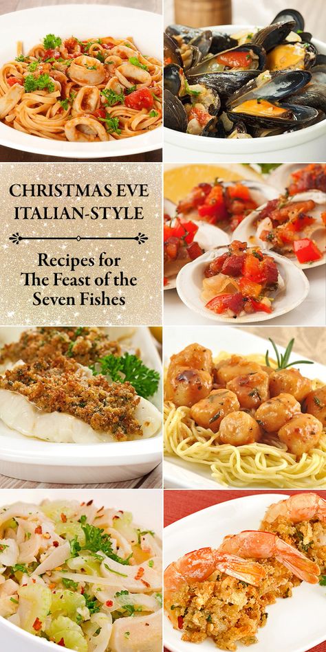 Christmas Eve Italian Style: The Feast of the Seven Fishes Italian Seafood Salad Christmas Eve, Italian Seven Fish Dinner, Italian Style Christmas Dinner, Fish Dishes For Christmas Eve, Italian Seven Fishes, Italian Style Fish Recipes, 7 Fishes Christmas Eve Traditional, Christmas Eve Seafood Appetizers, Italian Recipes Christmas