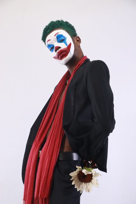 Black male boy model in Joker face paint  cosplay Clown Outfit Male, Face Paint Cosplay, Joker Photoshoot, Joker Face Paint, Joker Outfit, Joker Photos, Black Joker, Halloween Fits, Clown Clothes