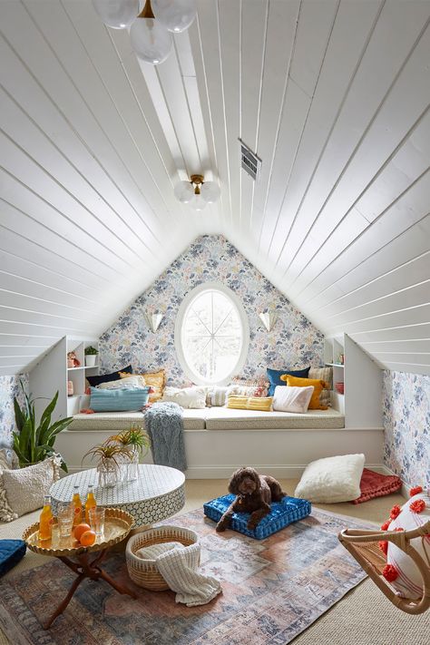 Bohemian Attic Room With Window Seat And Floral Wallpaper Attic Playroom Ideas, Attic Room Ideas, Loft Playroom, Attic Decor, Attic Bedroom Designs, Hangout Room, Finished Attic, Attic Playroom, Attic Loft