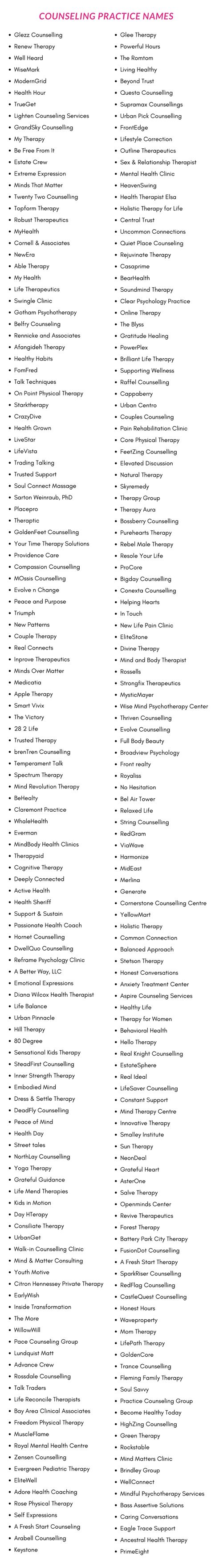 Counseling Practice Names: 600+ Catchy Therapy Practice Names Psychologist Clinic Names, Counseling Practice Names, Psychology Name Idea, Counseling Business Names, Therapy Name Ideas, Therapy Practice Name Ideas, Therapy Business Names, Private Practice Therapy, Catchy Words