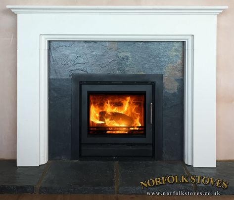 Inset Stove Fireplace Ideas, 2023 Fireplace, Insert Stove, Oak Mantle, Ski House Decor, Inset Fireplace, Inset Stoves, Slate Tiles, Victorian Fireplace