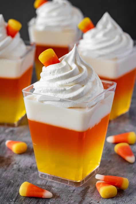 Mini Jello Desserts Cups, Candy Corn Jello Cups, Mini Jello Cups, Candy Corn Food Ideas, Halloween Gelatin Desserts, Halloween Jello Recipes, Halloween Jello Molds, Layered Jello Cups, Pudding Halloween Cups