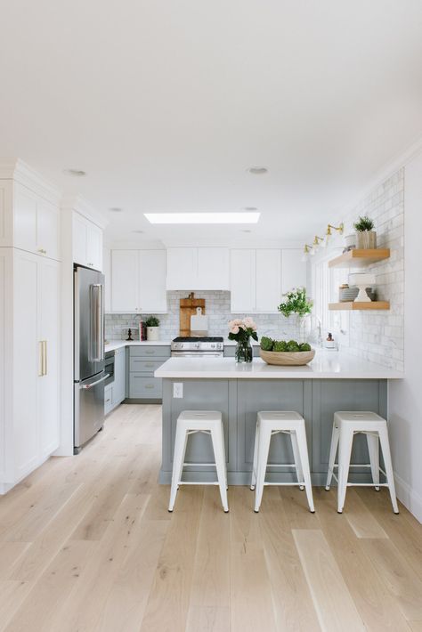 White Cabinets Kitchen Light Floors, Quartz For White Kitchen Cabinets, Kitchen With Connected Island, Light Blue Lower Cabinets White Upper, Dual Tone Kitchen, Dual Tone Kitchen Cabinets, Small Kitchen Makeovers, Light Blue Kitchen, Grey Floors