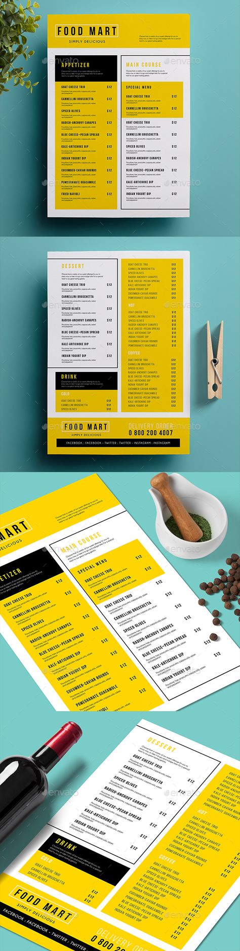 Simple Restaurant Menu, can be used for your cafe or restaurant menu.Very easy to edit the text and the image. File Features :   S Yellow Menu Design, Large Menu Design, Menu Design Restaurant, Menu Sans Gluten, Simple Restaurant, Menu Design Inspiration, Printable Menu Template, Food Menu Template, Color Coordination