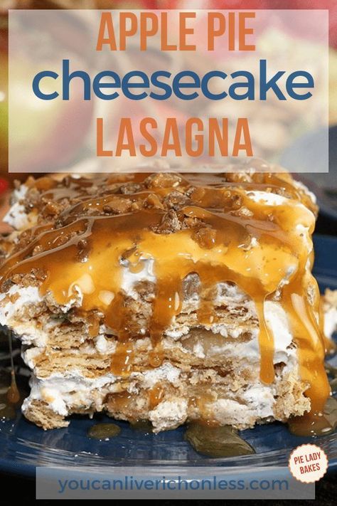 You will love how easy this no bake apple pie lasagna comes together, and the taste is out of this world! We layer graham crackers, apple pie filling, whipped cream, chocolate toffee and even a cheesecake layer to create this amazing dessert, that's perfect for the holidays! #youcanliverichonless #applepie #lasagna #holidaydesserts #easyrecipes Apple Lasagna, No Bake Apple Pie, Cheesecake Lasagna, Quick Apple Dessert, Apple Pie Cheesecake, Easiest Dessert, Desserts With Few Ingredients, Cheesecake Layer, Pie Cheesecake