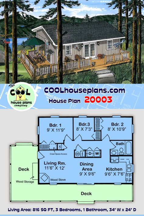 This affordable 3 bedroom cabin plan is similar to plan #6020 with the addition of a bedroom.  Used widely as a hunting cabin or a fishing cabin, this small house plan has everything needed for a small family.  If you are looking to build a home away from home on the lake, in the mountains or near the beach, this might be your plan.  Easy to build and inexpensive by choice, this floor plan would make a great vacation home.  #smallhouse #smallhome #huntingcabin #houseplans #homeplan Beach Cabin Floor Plans, 3 Bed Cabin Plans, Vacation House Floor Plan, Small Cabin Plans 3 Bedroom, Beach Cabin Plans, Small 3 Bedroom Cabin Floor Plans, Small 3 Bedroom Cottage Floor Plans, Cabin House Plans 3 Bedroom, 3 Bedroom Cabin Floor Plans One Story