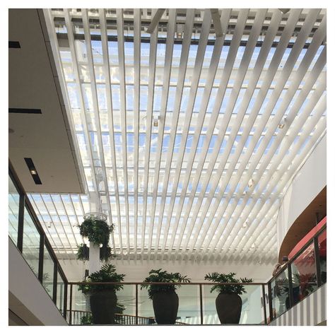 Approximately 9km of aluminum louvres were installed below the single-skin ETFE roofs of the Warringah Mall's atrium area, creating an interesting shade pattern on the area below. Find out more: https://fabritecture.com/project/warringah-mall-etfe-atrium/ ・・・⁠ #Fabritecture project: Warringah Mall ETFE Atrium (2016) Size: 13,596sqm (146,346sqft) Material: Single-Skin Clear ETFE; Aluminium Louvers 📸 Credit: Fabritecture Atrium Ceiling, Aluminium Louvers, Fabric Ceiling, Skin Clear, Architectural Projects, Surface Area, Ceiling Design, Size 13, Roof