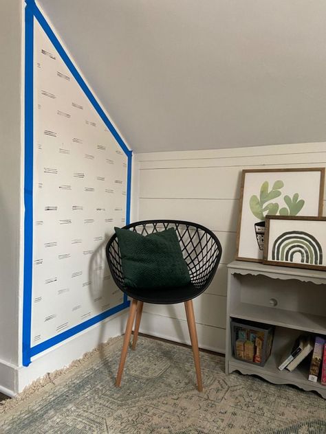 Color blocking may be a newer trend but I hope it’s here to stay! It’s such a great way to add character to a space for the cost of some paint. If you don’t want to paint an entire wall, it’s a perfect way to add a splash of color. It’s perfect in a small space OR to break up a large space!! Tape off your design       For my specific area, I chose to use the sloped ceiling as a guideline.  This made a trapezoid type design, but the options are endless. I’ve seen circles, semi circles,… Painting Over Wallpaper, Paint Decor, Cube Storage Shelves, Timber Shelves, Front Door Makeover, Painting Stuff, Painting Walls, Painted Coffee Tables, Recycle Timber