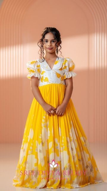 Long Gown Dress From Saree For Kids, Saree Dress For Girls Kids, Pichwai Lehenga Designs, Kids Girls Dresses Indian, Long Frocks Kids, Traditional Long Frocks Indian, Haldi Dress For Kids, New Frock Designs Dresses, Frills Frock