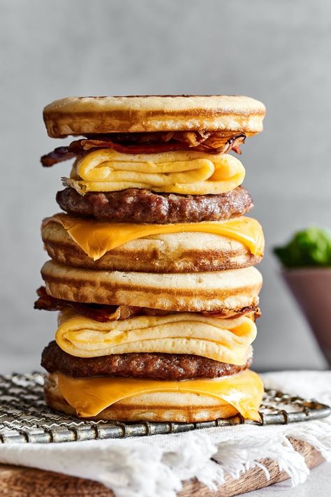 Mcdonald Breakfast Sandwich, Homemade Mcgriddle Muffins, Home Made Mcgriddles, Mcdonald’s Sausage Mcgriddle, Mcdonalds Breakfast Sandwich, Mini Sausage Mcgriddles, Mcdonalds Mcgriddle Recipes, Copycat Mcgriddle Recipe, Mcgriddle Muffins Recipe