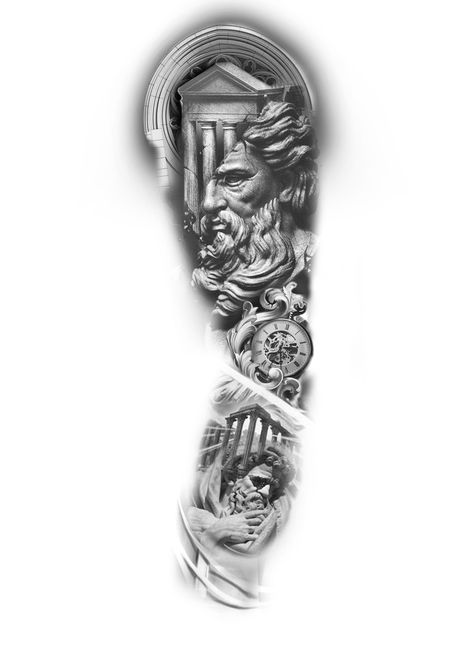 Roman Tattoo Sleeve Greek Gods, Greek Mythology Buildings Tattoo, Greek Shoulder Tattoo Men, Greek Style Sleeve Tattoo, Roman Tattoos For Men Arm, Greek Mythology Statue Tattoo, Greek And Roman Mythology Tattoos, Rome Mythology Tattoo, Stoicism Tattoo Design